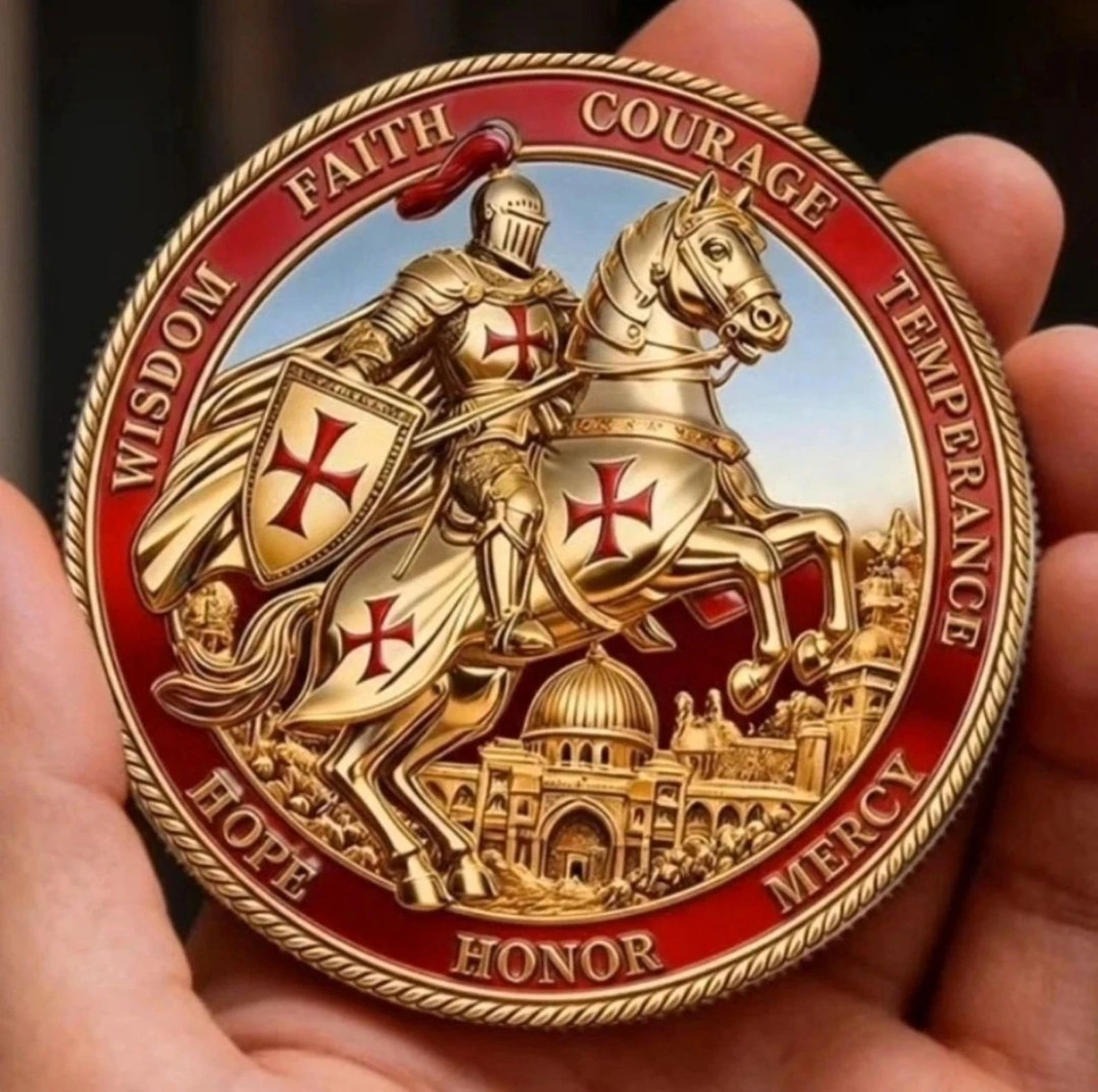 Très belle médaille , chevalier templier.
Diamètre 4cm